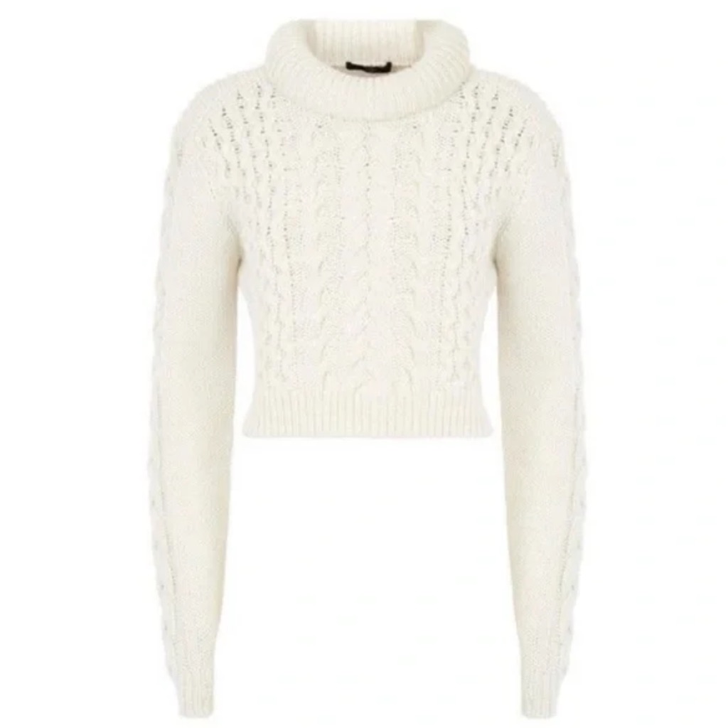 Tibi Cropped Cable Knit Cream Turtleneck Wool And Acrylic Winter Sweater